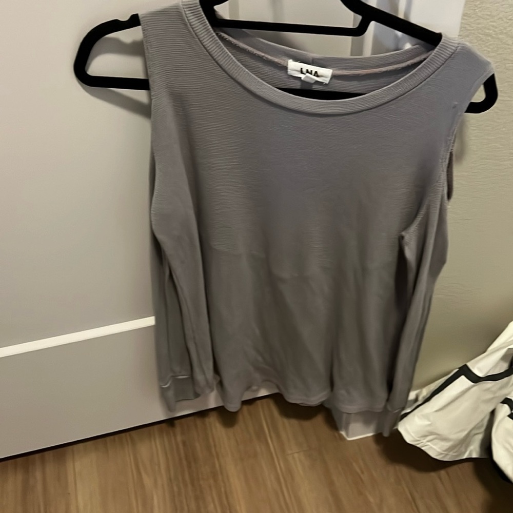 LNA shoulder, cut out long sleeve textured T-shirt